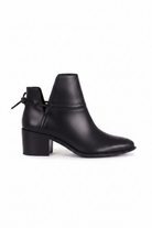 Attalea black leather ankle boots side view with ankle strap and 5cm block heel