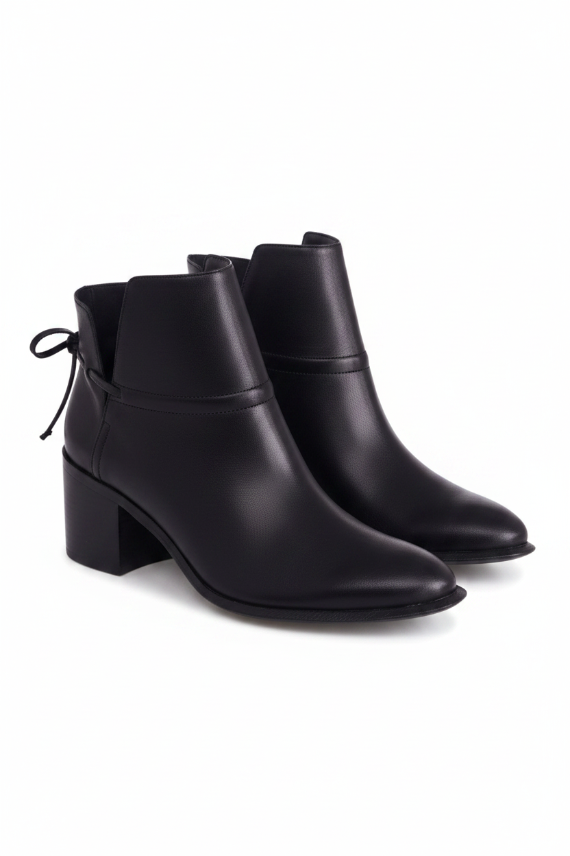 Attalea black leather ankle boots three quarter view showing almond toe and leather ankle band