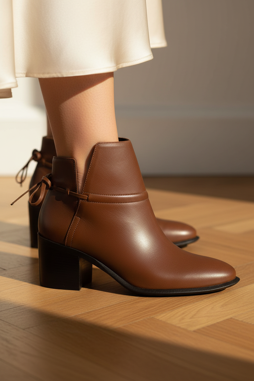 Close-up detail of Attalea brown leather ankle boots showing the hand-tied leather bow, ankle strap stitching and black stacked heel