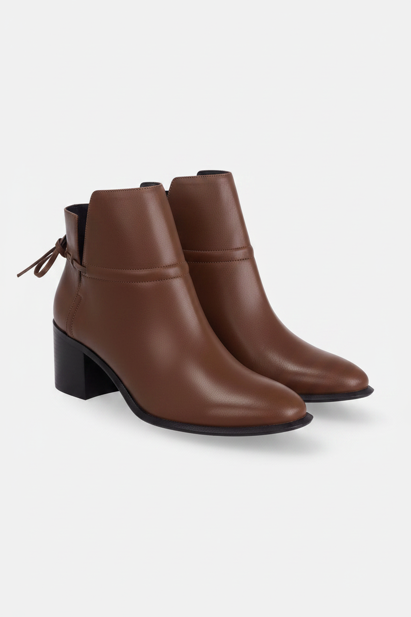 Attalea brown leather ankle boots three quarter view showing the pair, ankle strap and almond toe