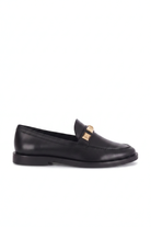 Caete black leather loafers side view with gold studs and 3cm block heel