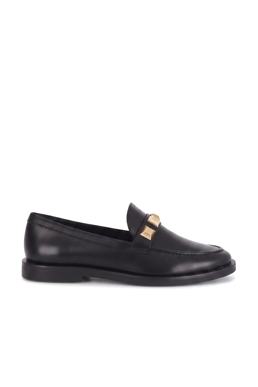 Caete black leather loafers side view with gold studs and 3cm block heel