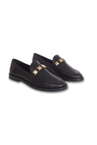 Caete black leather loafers three quarter view showing the apron toe stitching