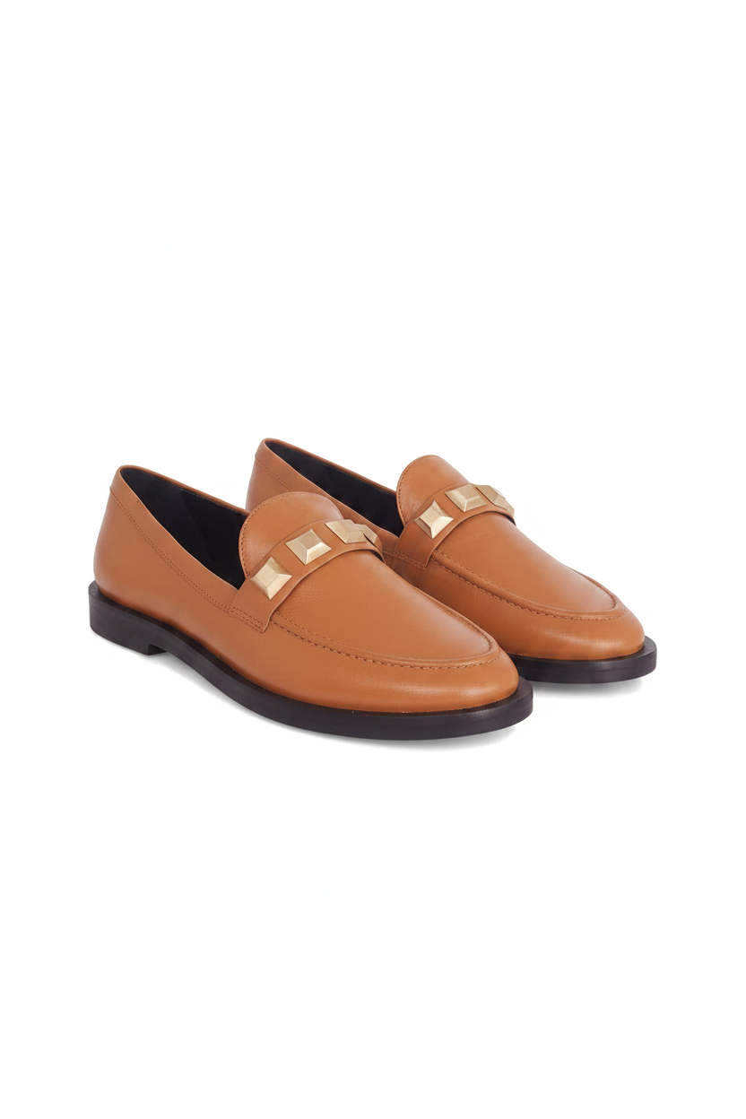 Caete caramel leather loafers three quarter view showing the apron toe stitching