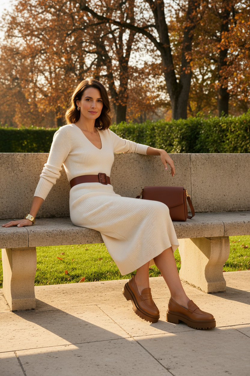 Woman wearing Mangara Atelier Carvalho Caramel Leather Chunky Platform Loafers - SKU 222A0342