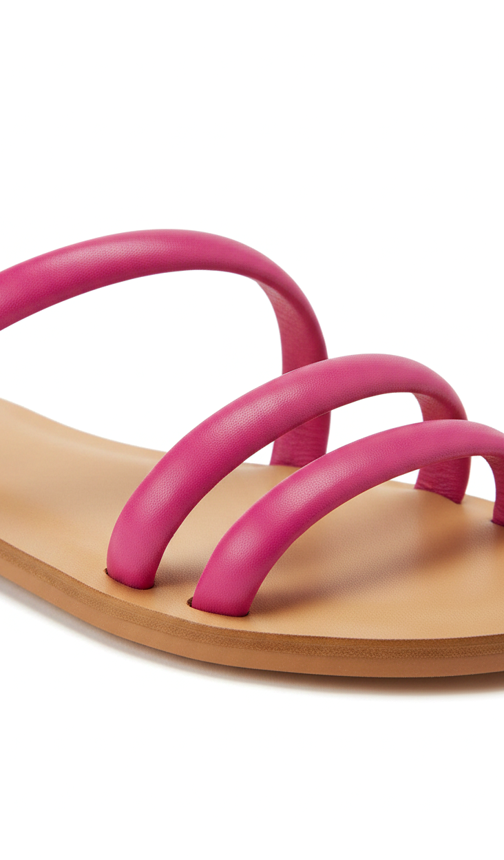 Close-up of the rounded tubular leather straps and natural leather footbed on the Mangará Cacau pink slide