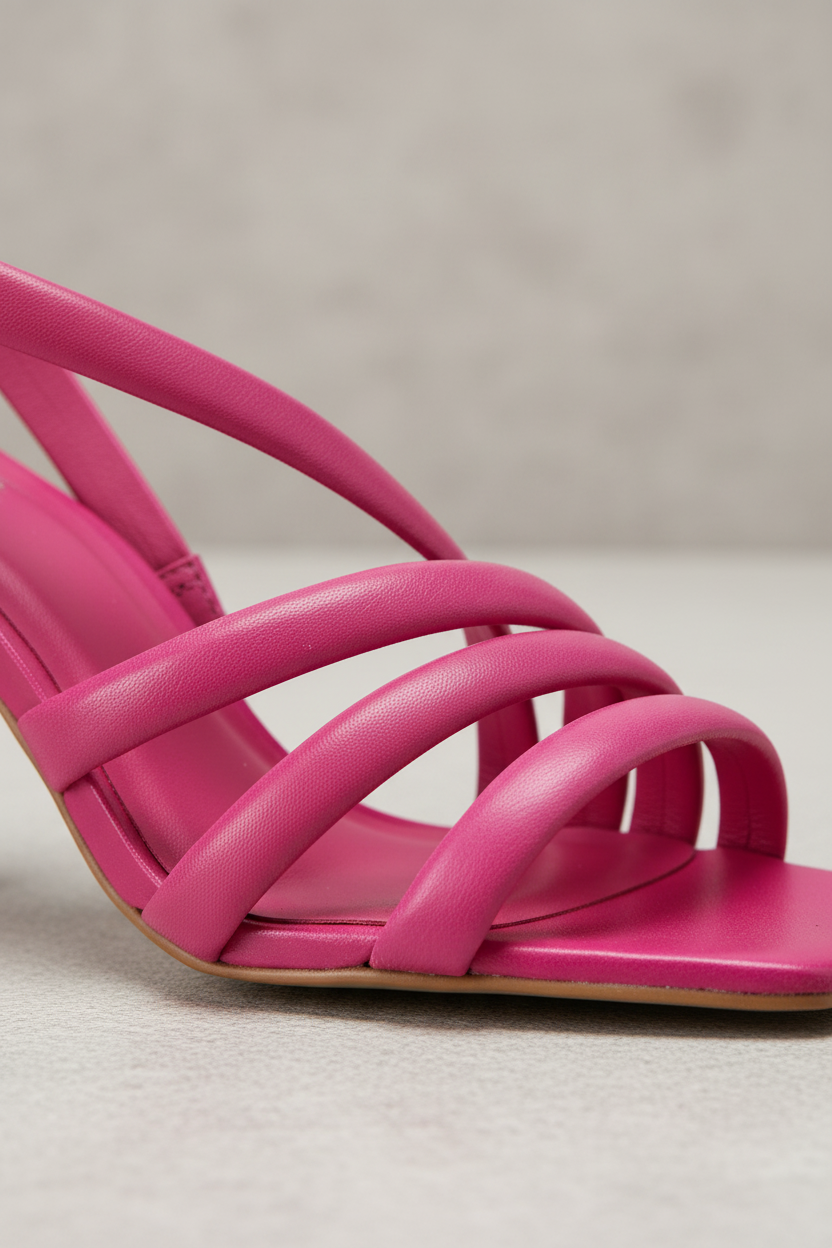 Close-up of the crisscrossing strap detail on Cedro pink calf leather sandals