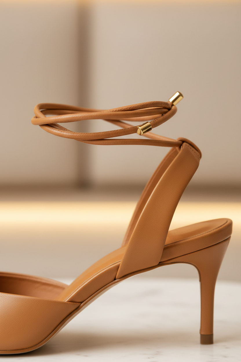 Close-up of Mangará Jaborandi caramel leather slingback heel ankle tie strap detail with gold hardware