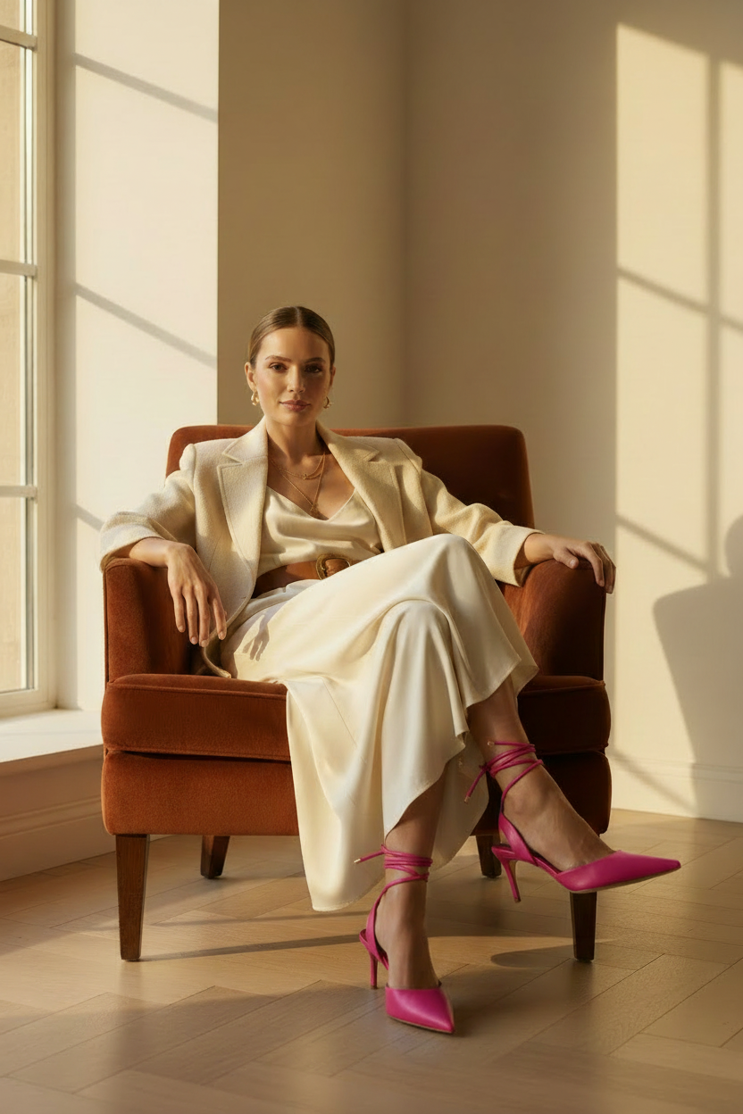 Woman wearing Mangará Jaborandi pink leather slingback pointed-toe heels, seated lifestyle editorial photo
