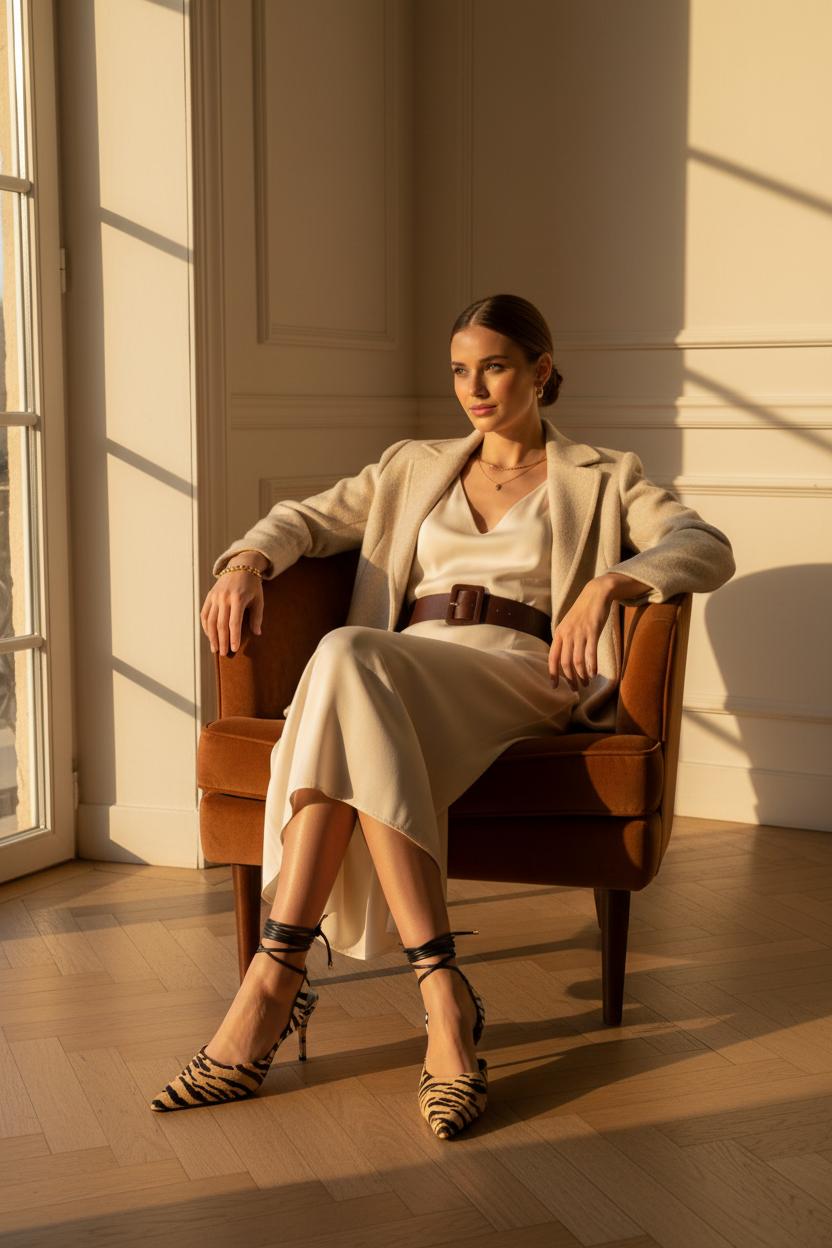 Woman wearing Mangará Jaborandi animal print calf leather strappy heels, seated lifestyle editorial photo
