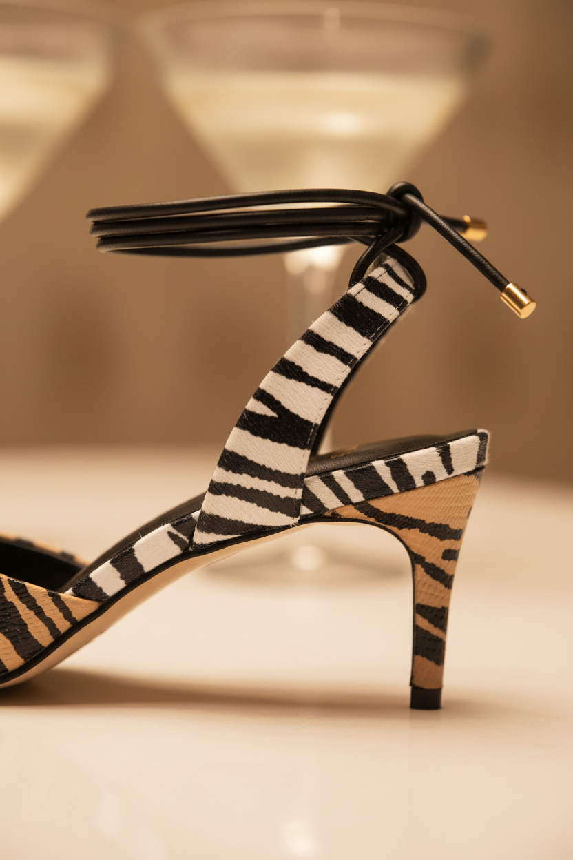 Close-up of Mangará Jaborandi animal print heel showing tiger and zebra print leather detail