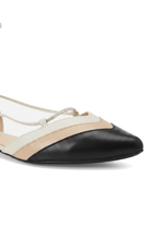 Close-up of the diagonal colour block panels and stitching on Mangara Atelier Cereja Beige and Black Leather Flats - SKU 222E0602