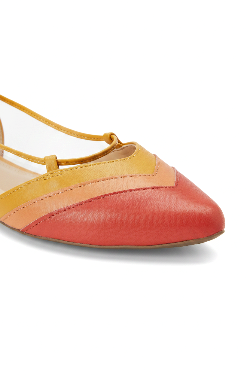 Close-up of the diagonal colour block panels and stitching on Mangara Atelier Cereja Red Leather Flats - SKU 222E0610