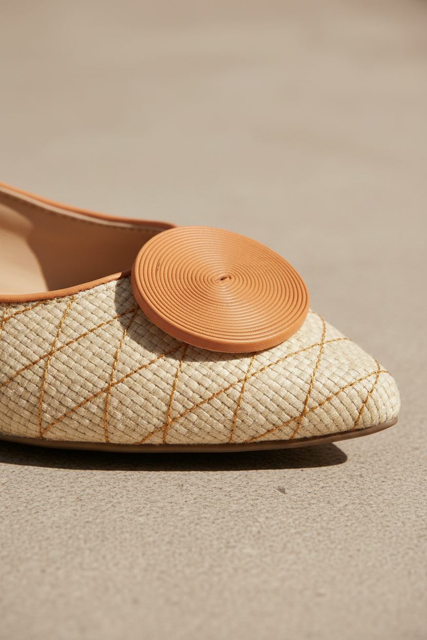 Close-up of the leather button and raffia weave detail on Coroba beige ballerinas