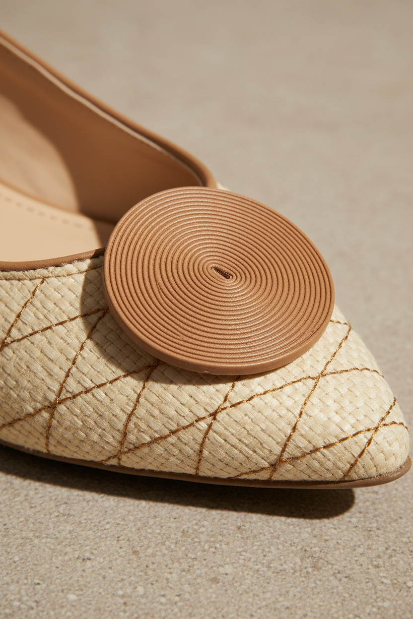 Close-up of the leather button and raffia weave detail on Coroba brown ballerinas