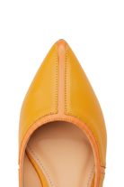Macro detail of Mangará Pitanga mustard yellow ballet flats: melon leather trim along the topline and pointed toe – SKU 222E0624