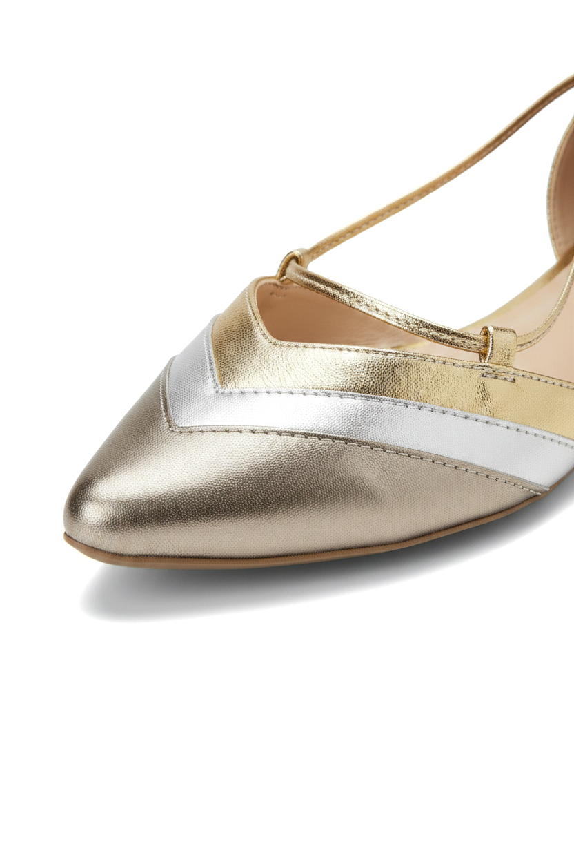 Close-up of the diagonal metallic colour block panels and stitching on Mangara Atelier Cereja Gold Leather Flats - SKU 222E0627