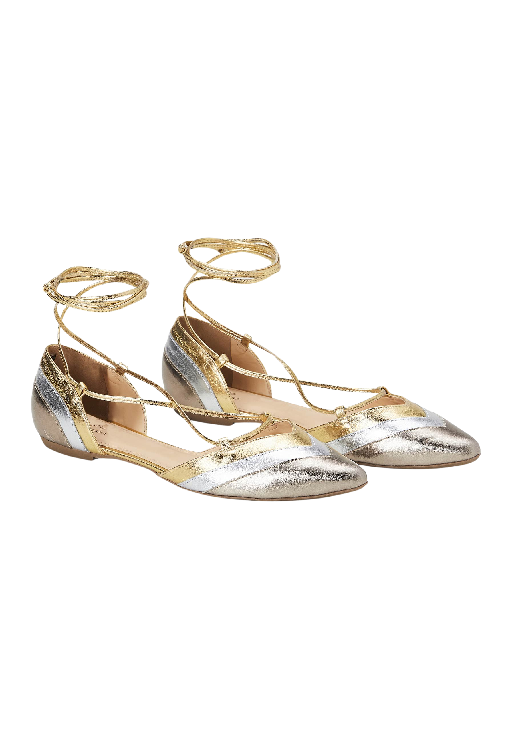 Mangara Atelier Cereja Gold Metallic Colour Block Leather Tie-Up Flats - Pair view - SKU 222E0627
