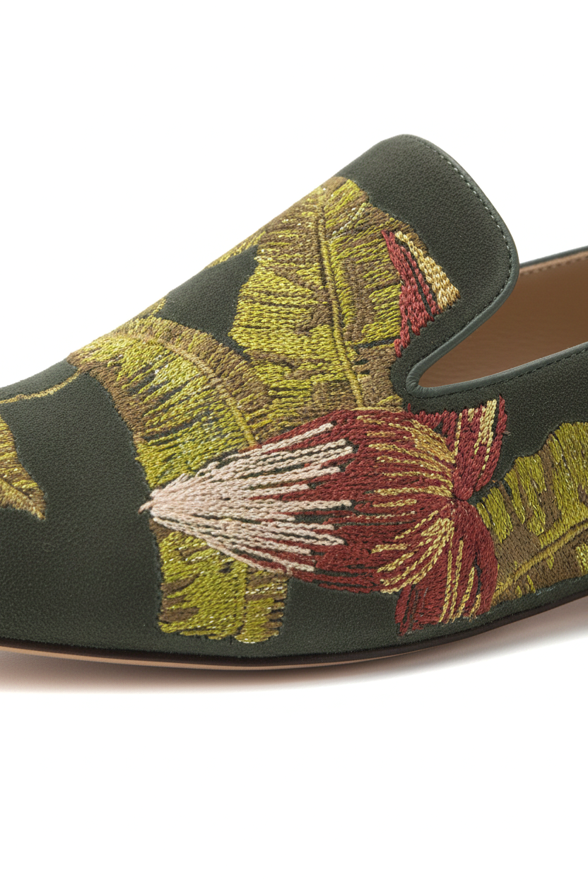 Close-up of the hand embroidery on Mangara Atelier Canela Green Suede Loafers - SKU 222F0256