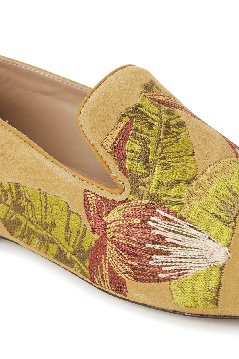 Close-up of the hand embroidery on Mangara Atelier Canela Yellow Suede Loafers - SKU 222F0257