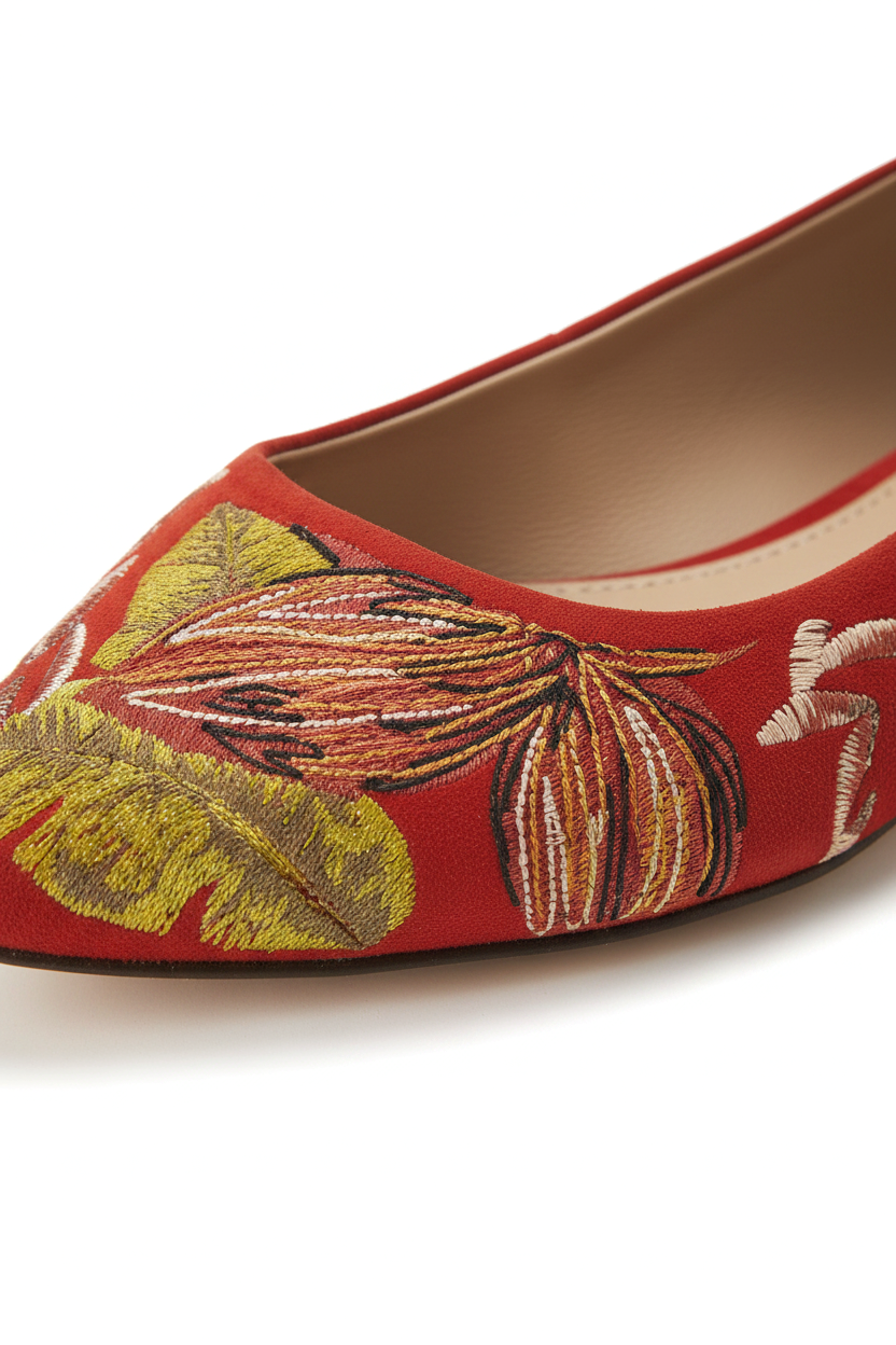 Close-up of the hand embroidery on Mangara Atelier Pindaiva Red Suede Ballet Flats - SKU 222F0658