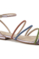 Close-up of the multicolour crystal-set straps on Mangara Atelier Arca Purple Leather Flat Sandals - SKU 222G0140BP