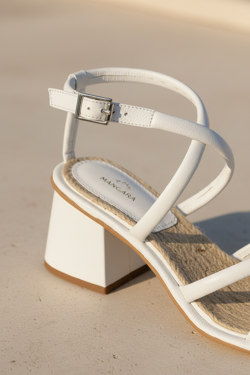 Close-up of Bromelia white leather sandal ankle strap buckle and crisscross straps