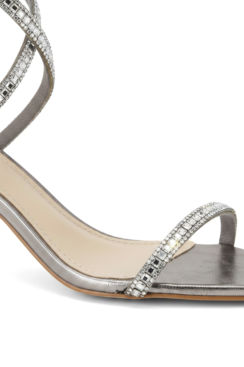 Close-up of the crystal-set straps on Mangara Atelier Aroeira Silver Leather Sandals - SKU 222G01BO