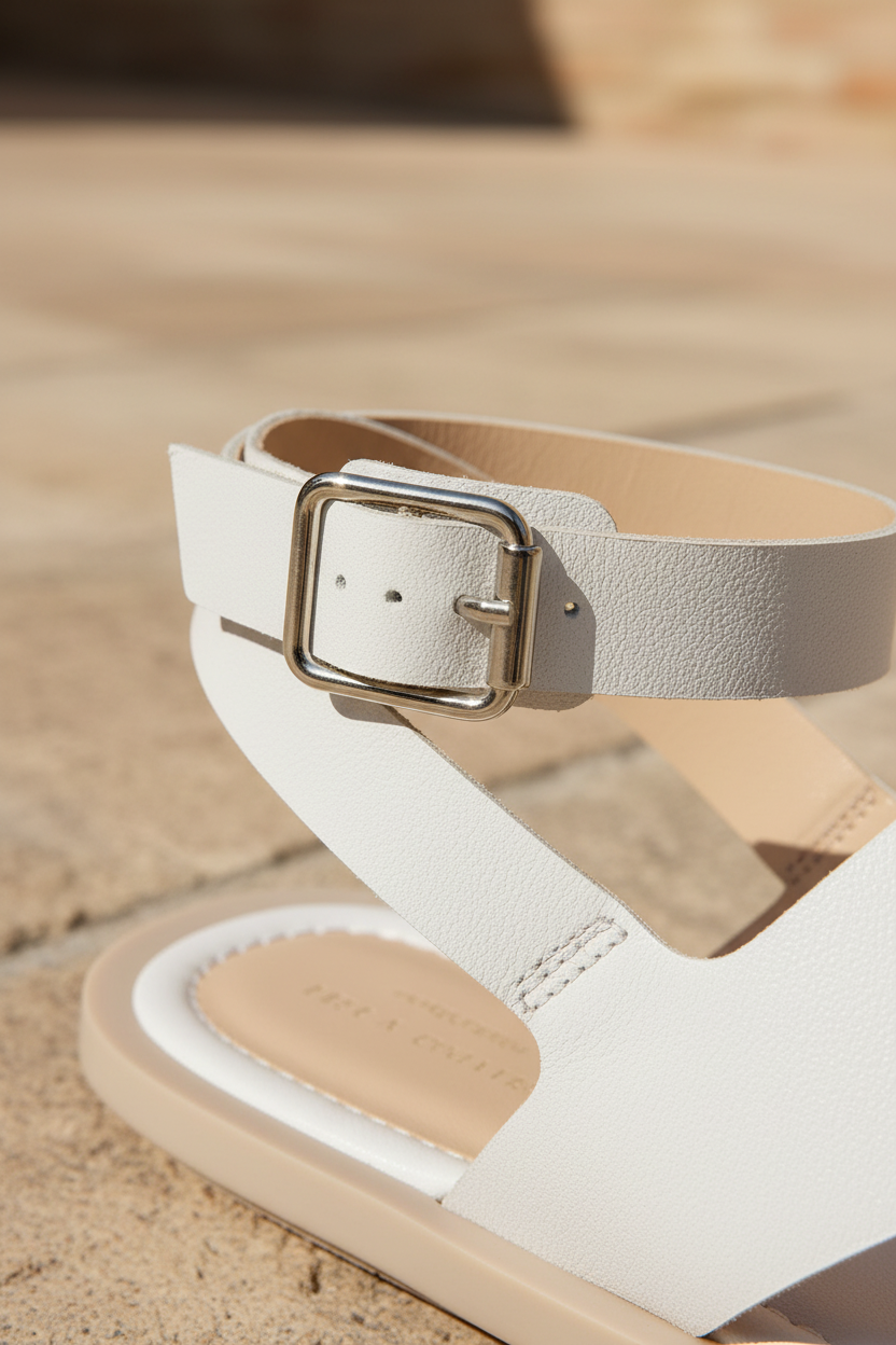 Close-up of Mangará Paineira white leather toe-ring sandal ankle strap buckle detail