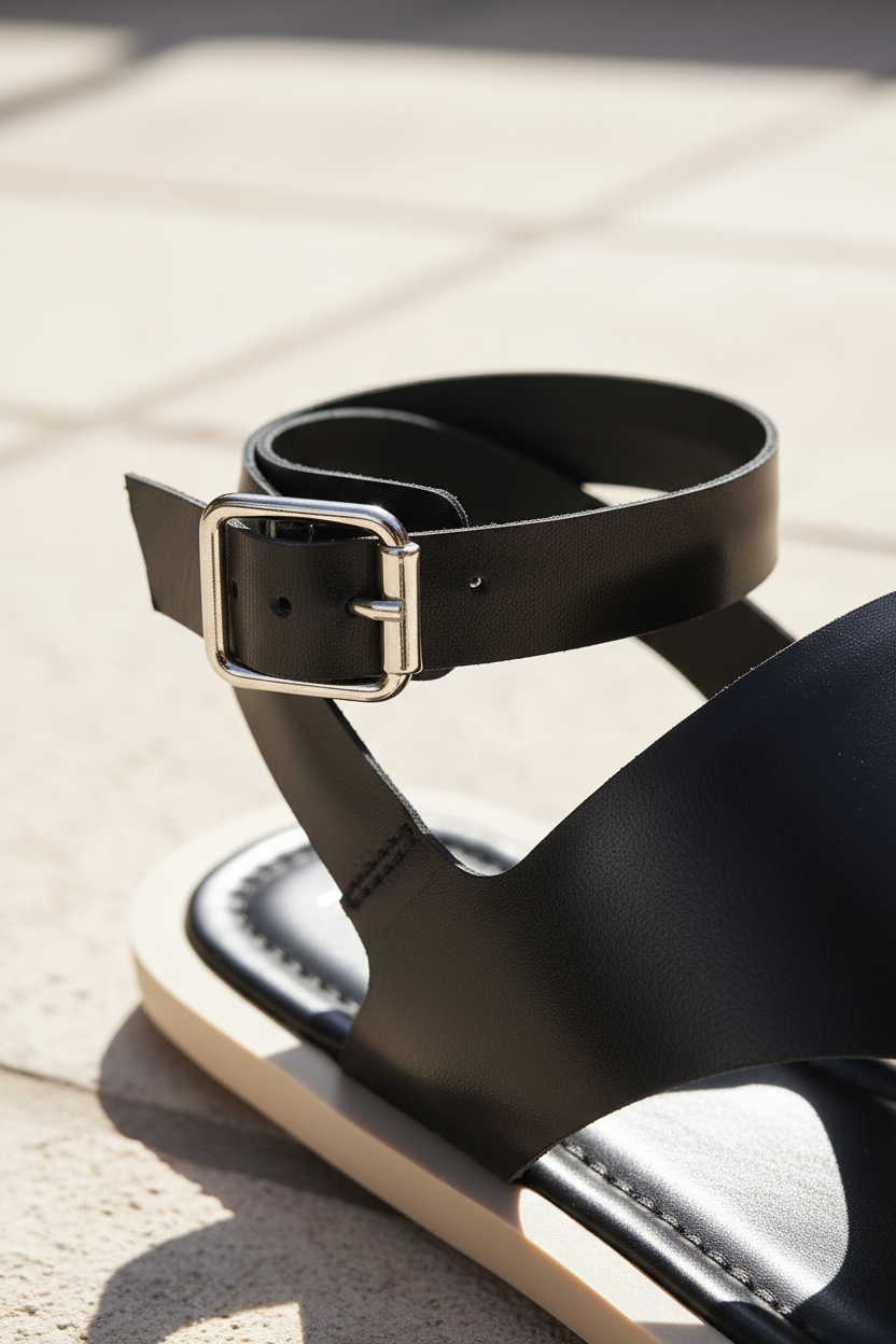 Close-up of Mangará Paineira black leather toe-ring sandal ankle strap buckle detail