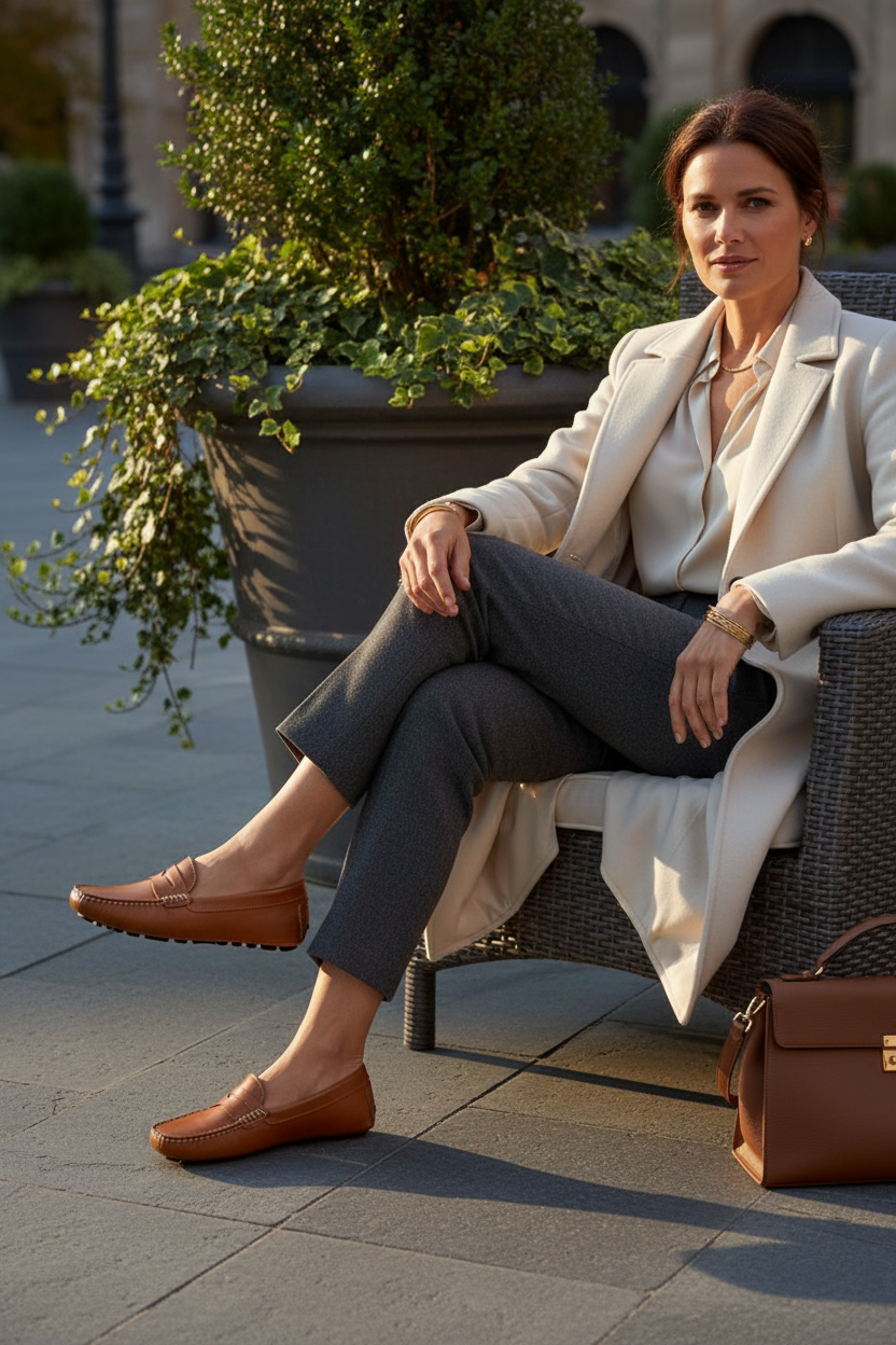 Mangará Angico brown leather driving loafers worn with cropped trousers and a cream coat