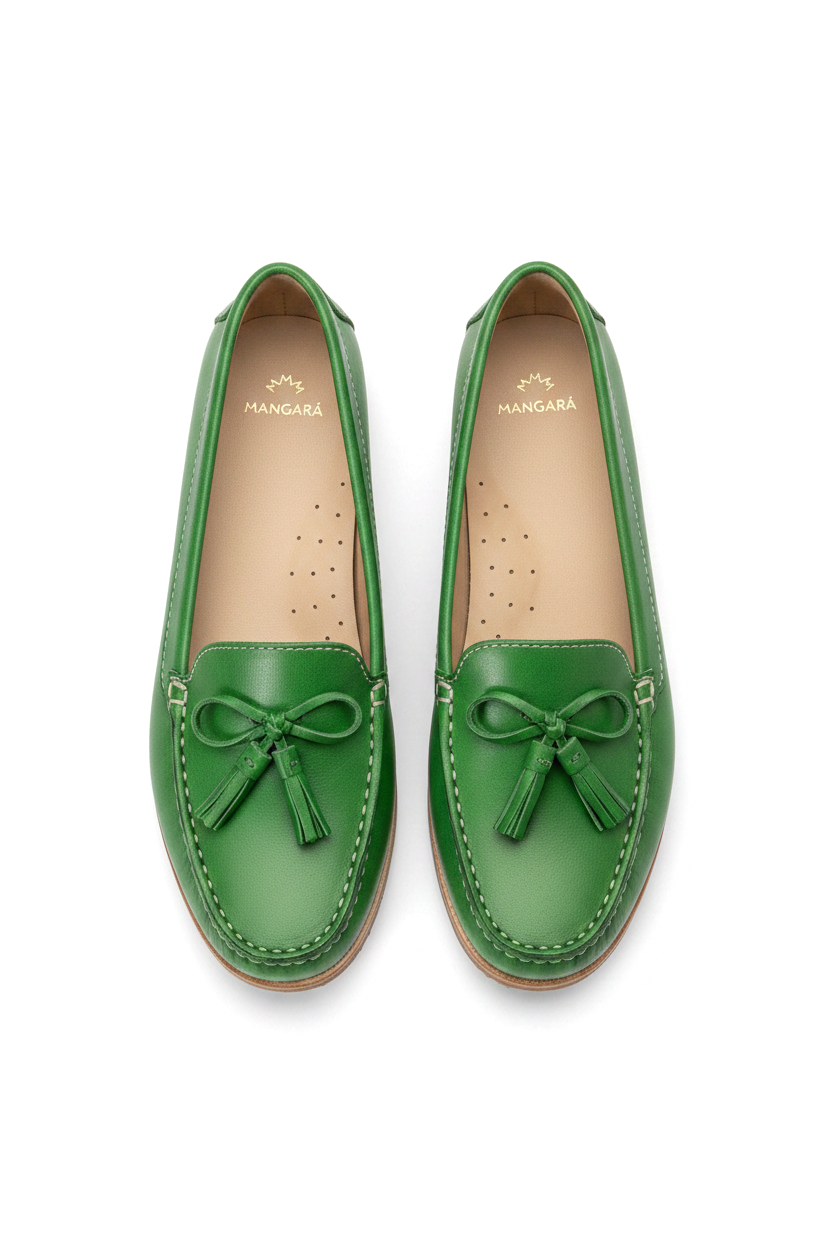 Caviuna green calf leather tassel loafers, top view product photo