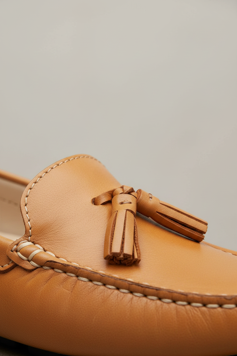 Close-up of the tassel knot detail on Caviuna caramel leather loafers