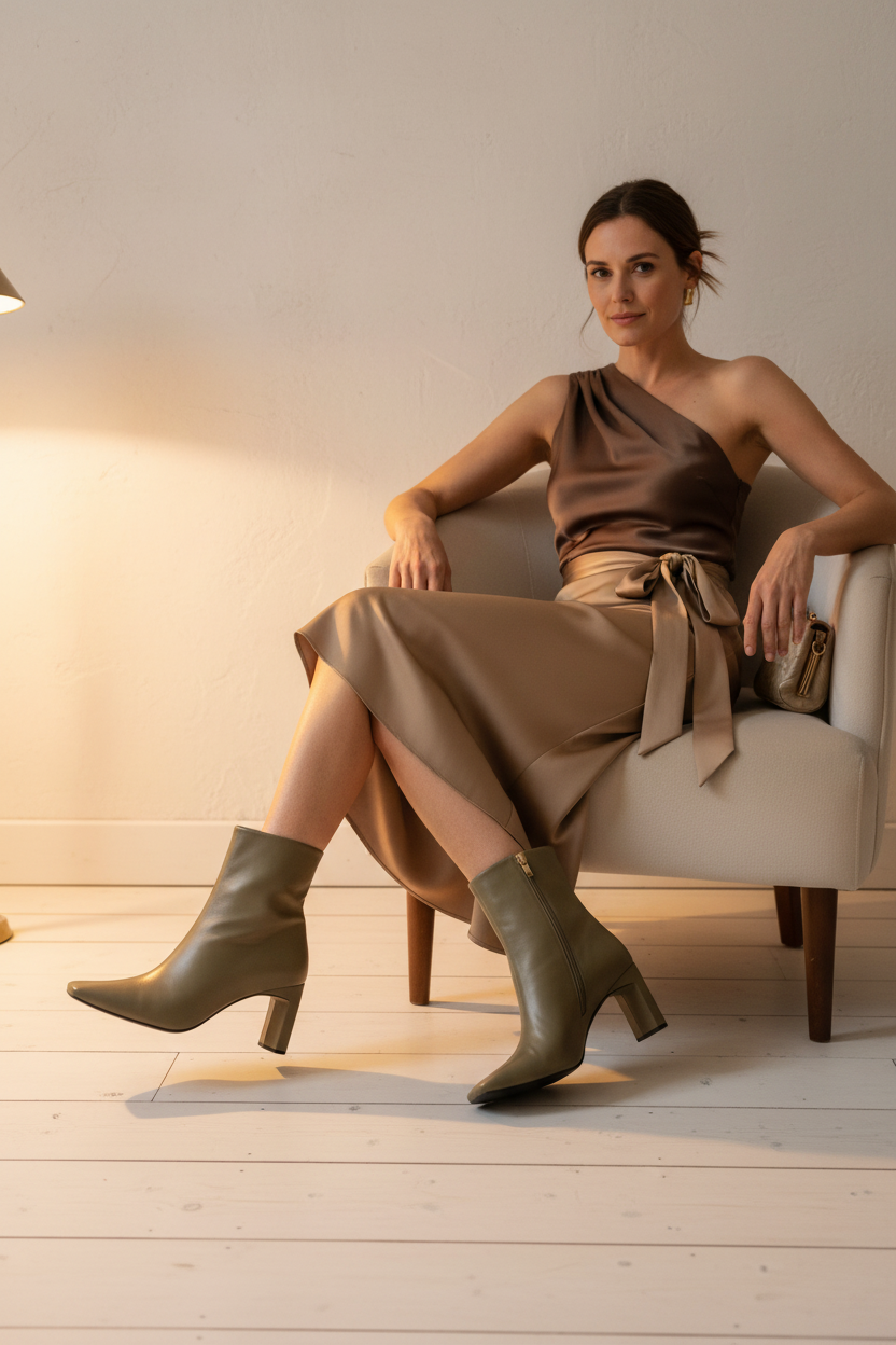 Mangará Senna olive goat leather ankle boots with square toe and block heel, worn with a brown satin evening dress
