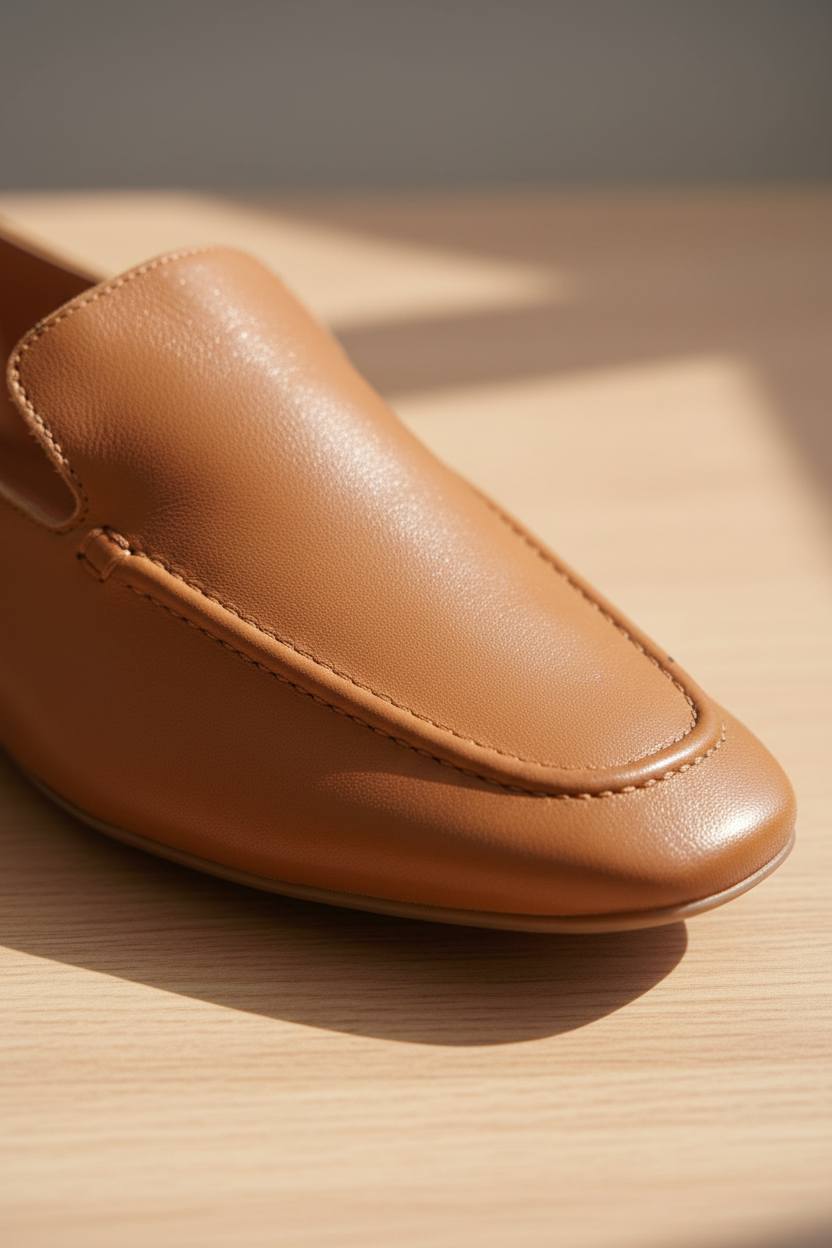 Close-up of Clusia camel goat leather loafer apron toe stitching
