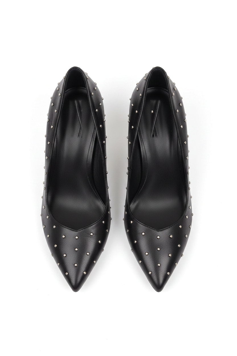 Mangará Callisia black studded leather pumps, top view of the pair