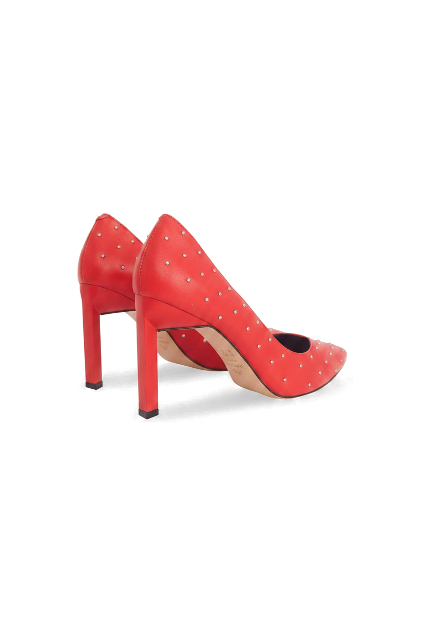 Callisia red leather pumps back view showing the 9.5cm squared heel and leather sole