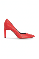 Callisia red leather pumps side view with silver studs and 9.5cm squared heel
