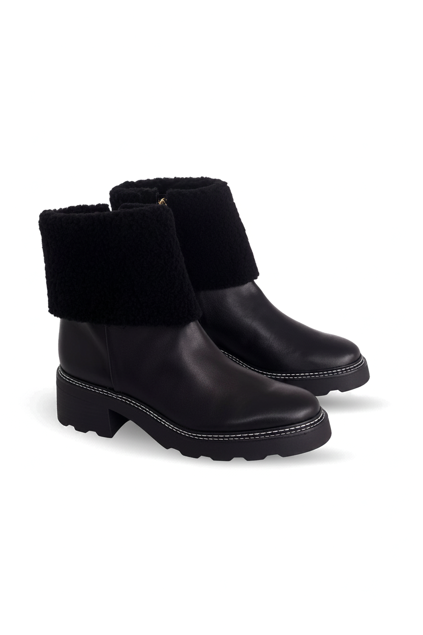 Andira black leather ankle boots three quarter view showing the folded shearling collar