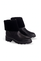 Andira black leather ankle boots three quarter view showing the folded shearling collar