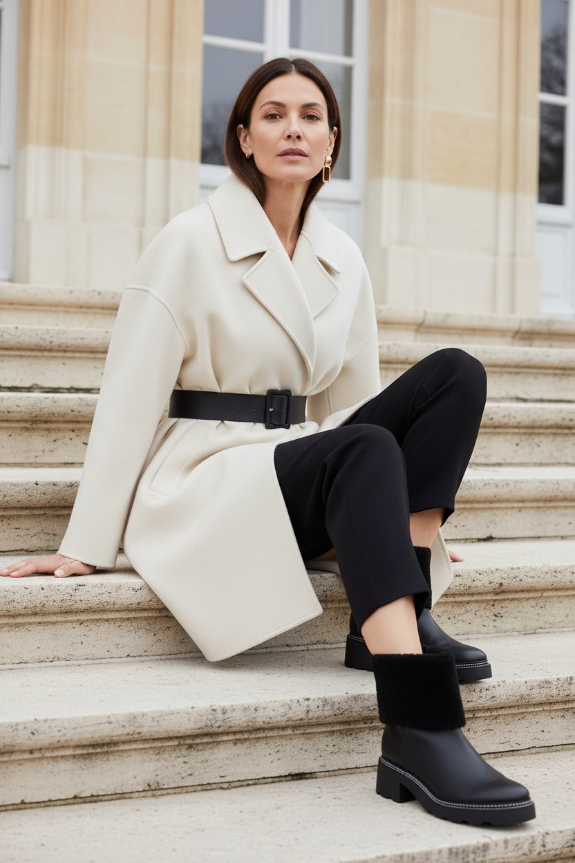 Andira black leather shearling ankle boots styled with an ivory belted cocoon wool coat and slim black trousers on pale stone steps in winter