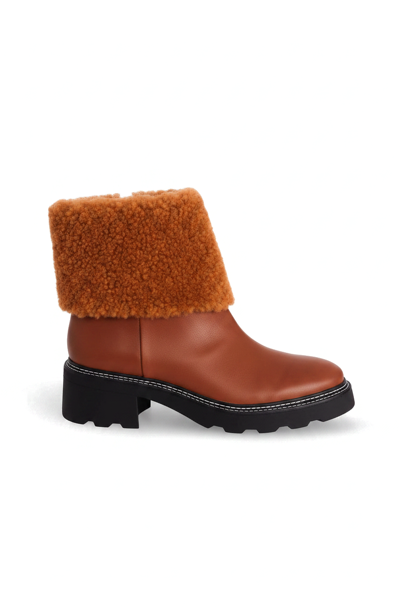 Andira cognac brown leather ankle boots with shearling collar, side view on white background
