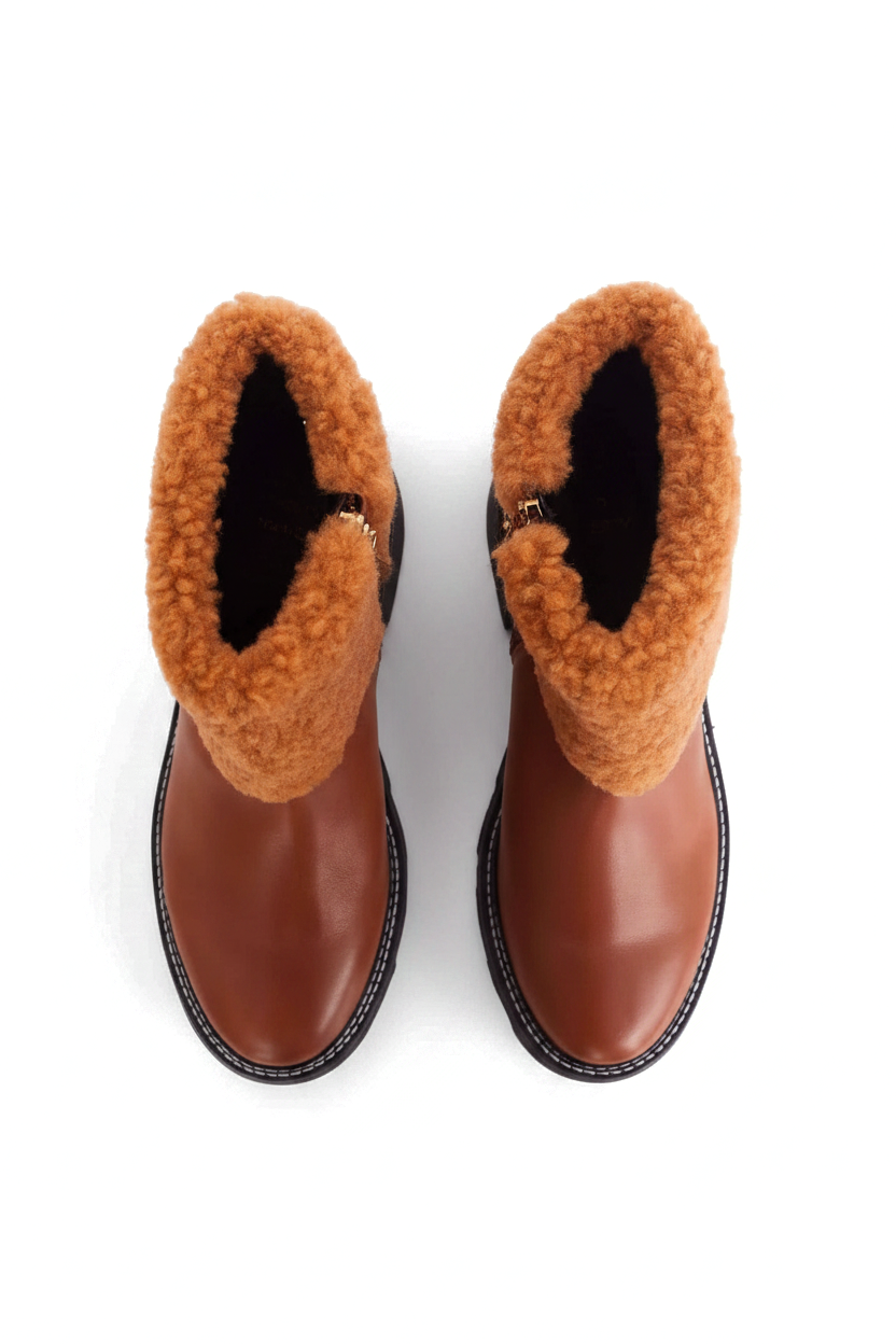 Andira brown leather ankle boots top view showing shearling collar opening