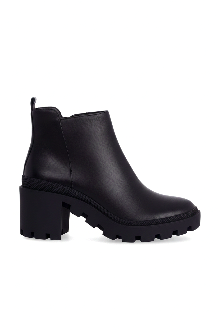 Sophora black leather ankle boots with chunky lug sole and block heel, side view on white background