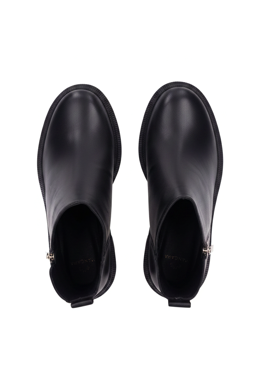Sophora black leather ankle boots top view showing round toe, silver zip and textured rubber welt