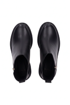 Sophora black leather ankle boots top view showing round toe, silver zip and textured rubber welt