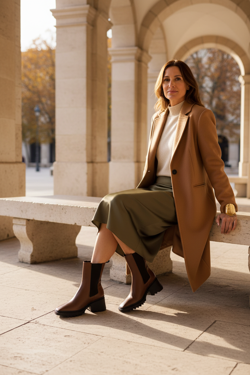 Woman wearing Arachis brown leather Chelsea boots under a stone arcade in autumn light