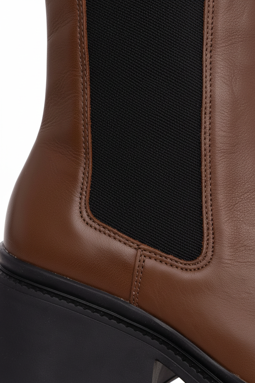 Close up of the black elastic gusset and serrated lug sole on Arachis brown leather Chelsea boots
