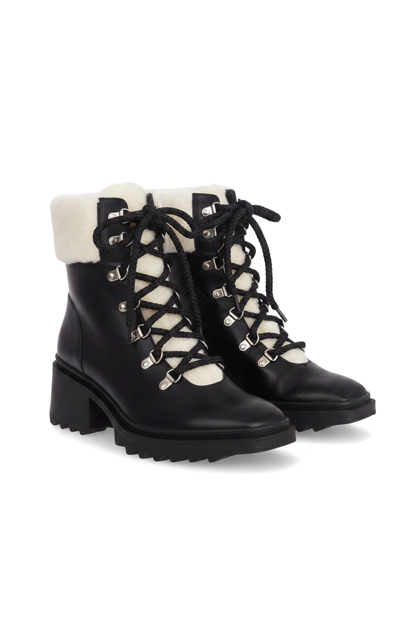Cassia black leather combat boots three quarter view showing rope laces and silver hooks