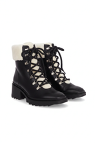 Cassia black leather combat boots three quarter view showing rope laces and silver hooks